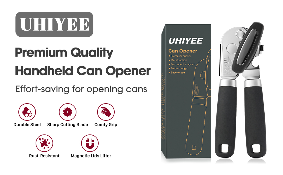 Manual Can Opener, UHIYEE Handheld Can Opener Heavy Duty with High Carbon Sharp Blade, Ease Can Open for Seniors with Comfort Grip Handles, Oversized Turn Knob, Black
