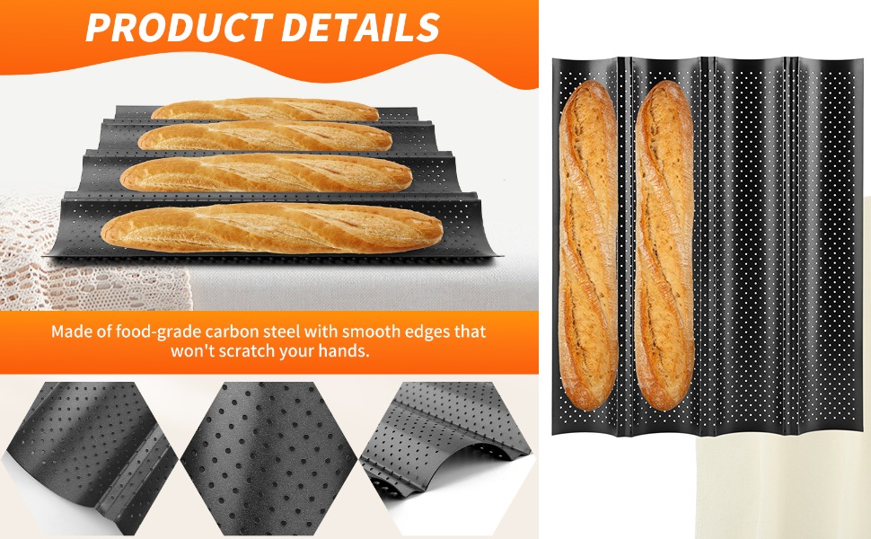 French Baguette Pan Set - 4-Loaf Nonstick Perforated with Proofing Cloth & Lame | Complete Bread Baking Kit
