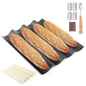 French Baguette Pan Set - 4-Loaf Nonstick Perforated with Proofing Cloth & Lame | Complete Bread Baking Kit