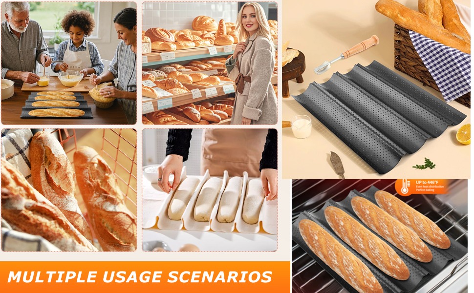French Baguette Pan Set - 4-Loaf Nonstick Perforated with Proofing Cloth & Lame | Complete Bread Baking Kit