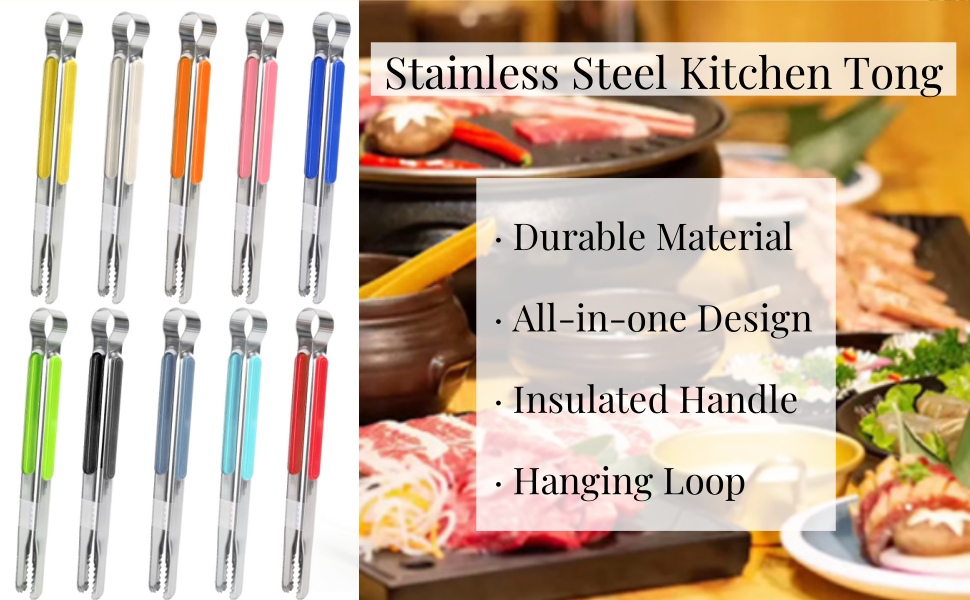 10 Pack Stainless Steel Kitchen Tong, 10 inch Heavy Duty Serving Tong with Heat-Resistant Handle, Grill Clamp Beefsteak Clip in 10 Colors for Cooking, BBQ, Meat, Salad, Ice