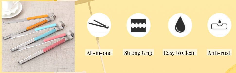 10 Pack Stainless Steel Kitchen Tong, 10 inch Heavy Duty Serving Tong with Heat-Resistant Handle, Grill Clamp Beefsteak Clip in 10 Colors for Cooking, BBQ, Meat, Salad, Ice