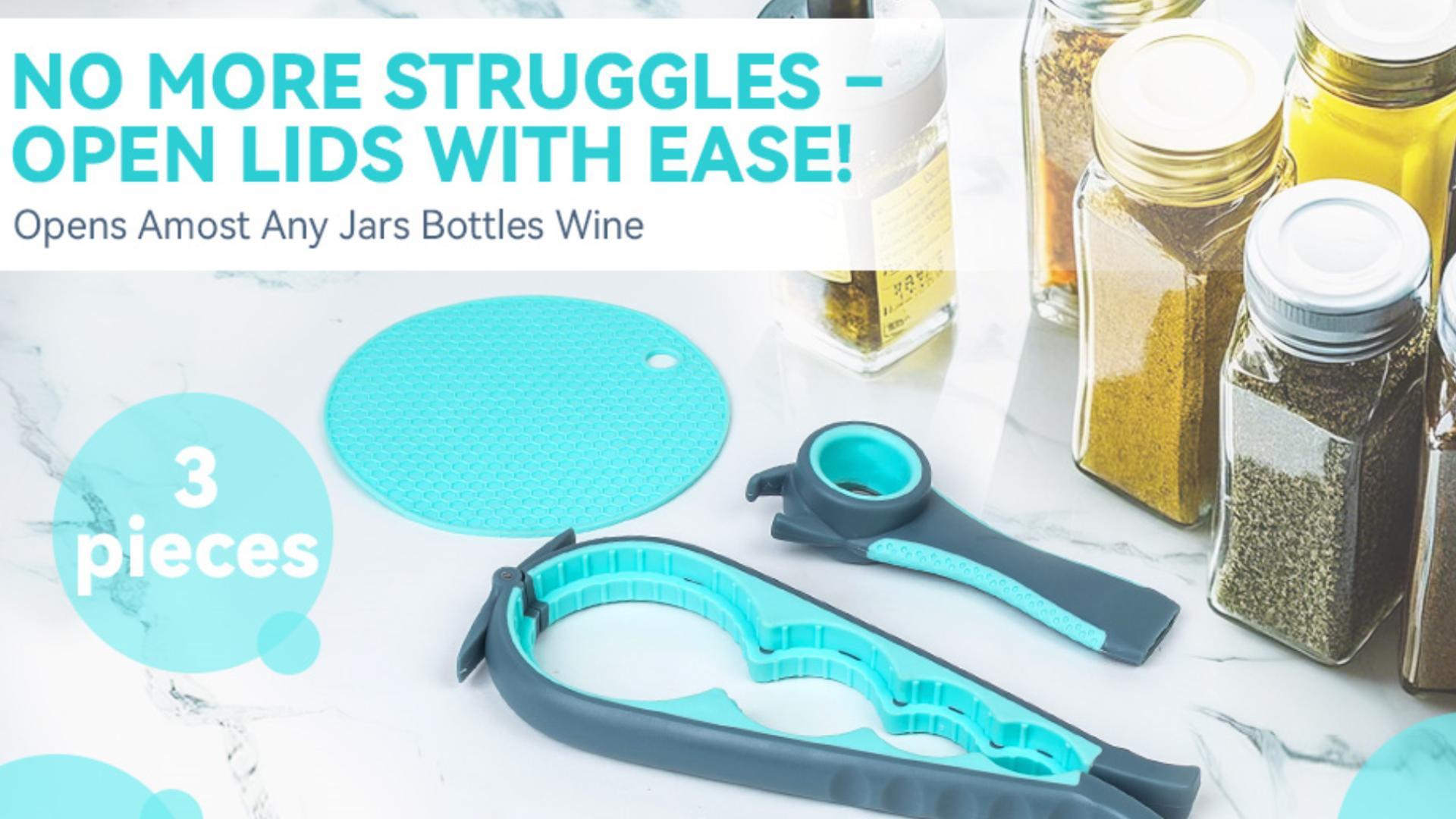 Jar Opener 3-Piece Set for Seniors with Arthritis, Multi-Function Can and Bottle Opener for Weak Hands, Ergonomic Non-Slip Kitchen Tool Set, Easy-to-Use, Thoughtful Gift for Elderly