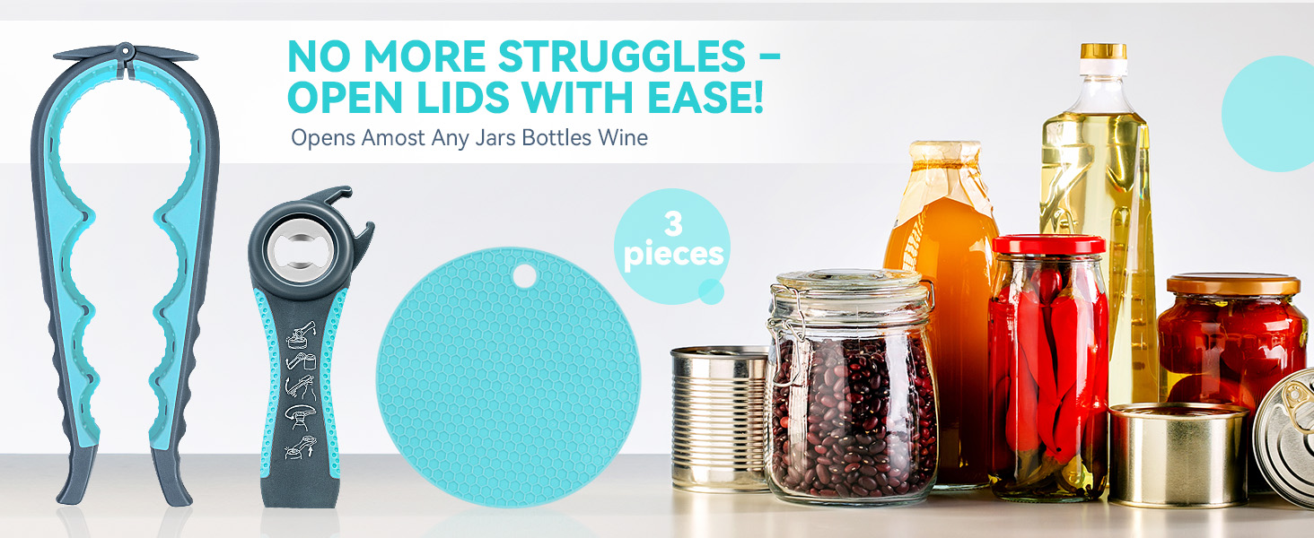 Jar Opener 3-Piece Set for Seniors with Arthritis, Multi-Function Can and Bottle Opener for Weak Hands, Ergonomic Non-Slip Kitchen Tool Set, Easy-to-Use, Thoughtful Gift for Elderly