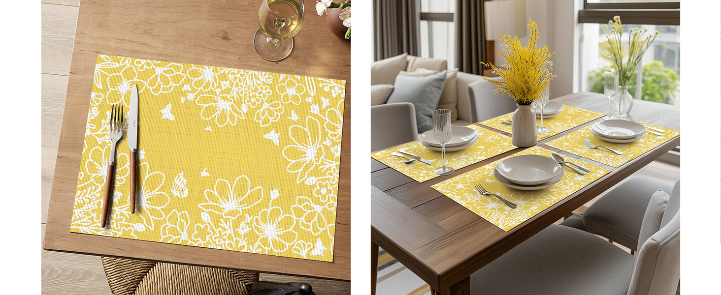 Artoid Mode Yellow Weed Wild Flower Placemats Set of 4, 12x18 Inch Plastic Woven Washable Non-Slip PVC Place Mats for Party Kitchen Dining Decor
