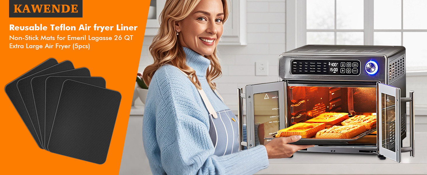 5 PCS Teflon Mats Oven Liner for Emeril Lagasse 26 QT French Door 360 Air Fryer, Reusable Air Fryer Liners for Emeril Lagasse Accessories