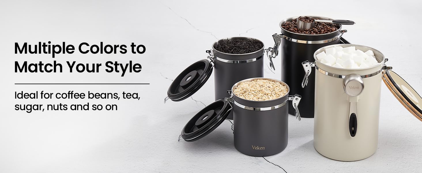 Veken Coffee Canister, 39OZ Large Christmas Coffee Lovers Gift Basket Set,Airtight Stainless Steel Food Storage Kitchen Container Gifts for 2.2lbs Beans, Ground, Sugar, Tea, Flour, Cereal,Scoop,Black