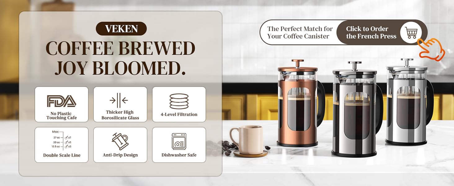 Veken Coffee Canister, 39OZ Large Christmas Coffee Lovers Gift Basket Set,Airtight Stainless Steel Food Storage Kitchen Container Gifts for 2.2lbs Beans, Ground, Sugar, Tea, Flour, Cereal,Scoop,Black