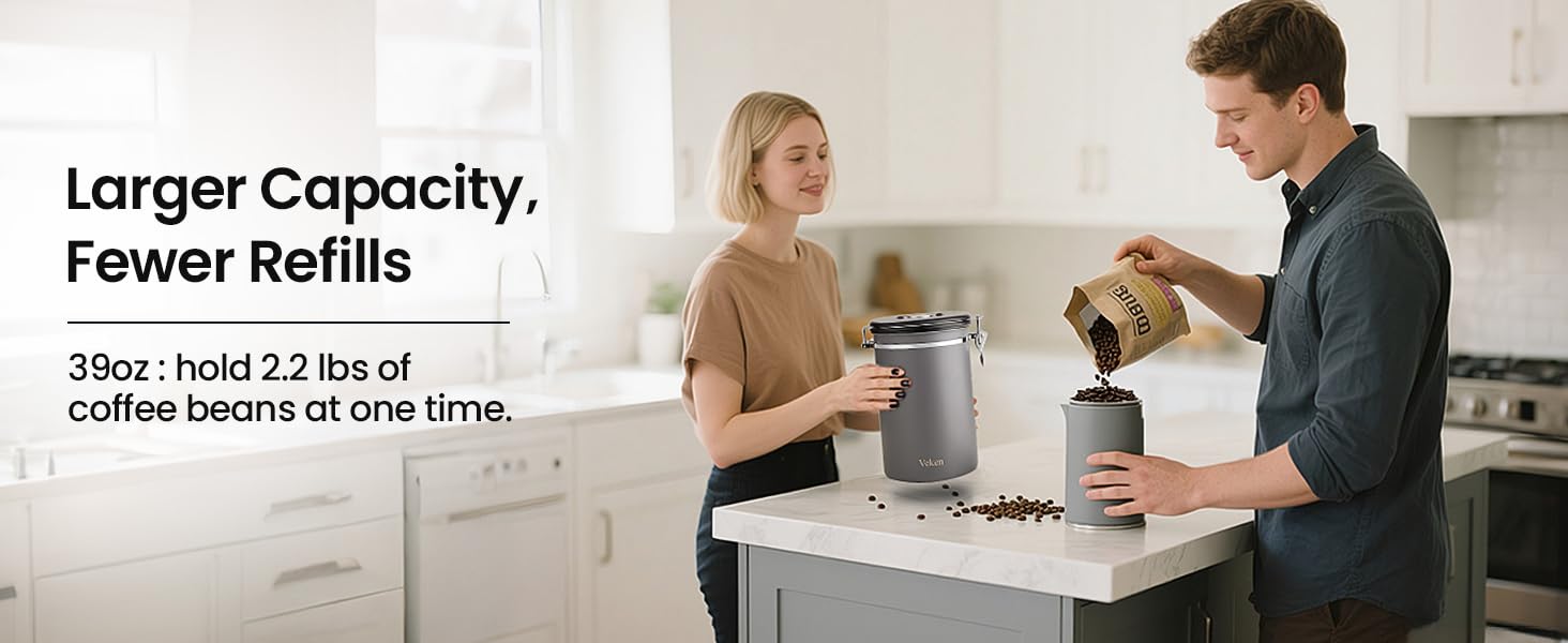 Veken Coffee Canister, 39OZ Large Christmas Coffee Lovers Gift Basket Set,Airtight Stainless Steel Food Storage Kitchen Container Gifts for 2.2lbs Beans, Ground, Sugar, Tea, Flour, Cereal,Scoop,Black