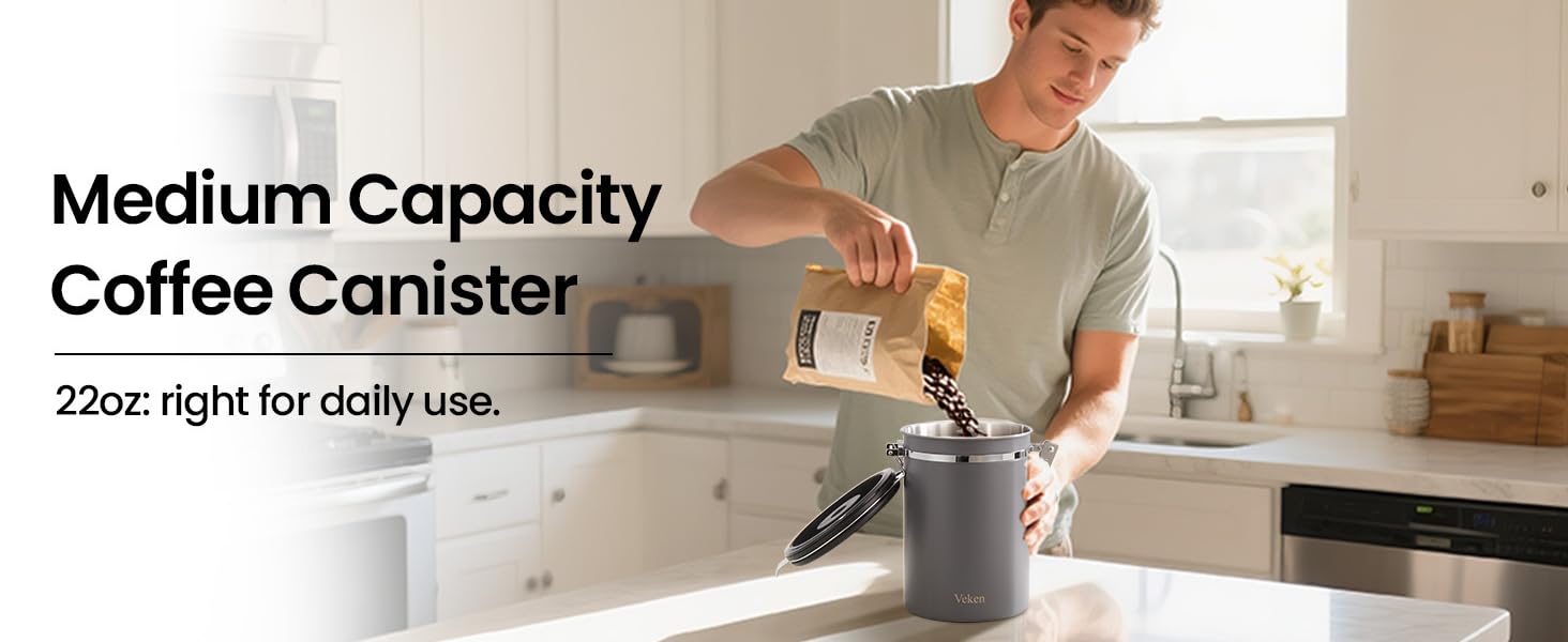 Veken Coffee Canister, 39OZ Large Christmas Coffee Lovers Gift Basket Set,Airtight Stainless Steel Food Storage Kitchen Container Gifts for 2.2lbs Beans, Ground, Sugar, Tea, Flour, Cereal,Scoop,Black