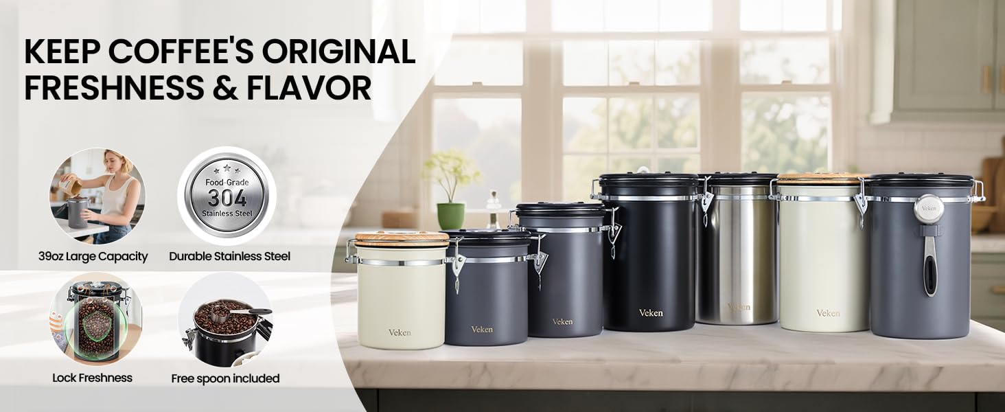 Veken Coffee Canister, 39OZ Large Christmas Coffee Lovers Gift Basket Set,Airtight Stainless Steel Food Storage Kitchen Container Gifts for 2.2lbs Beans, Ground, Sugar, Tea, Flour, Cereal,Scoop,Black