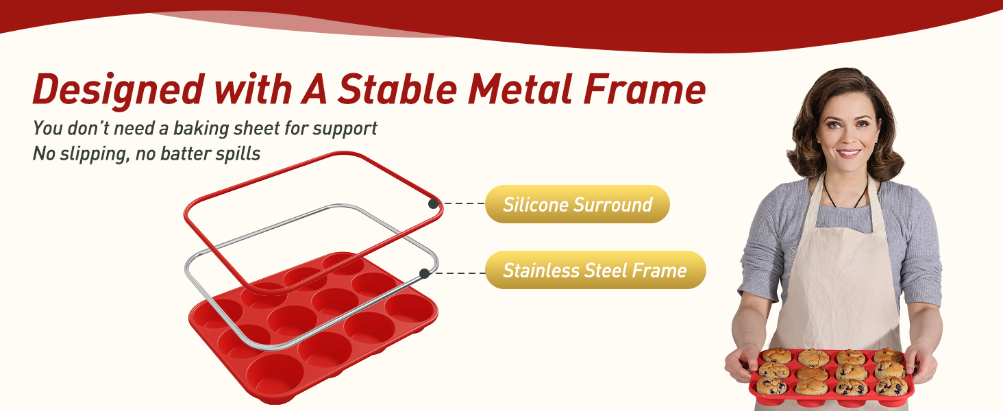 2 Pack 12 Cups Silicone Muffin Pan with Metal Reinforced Frame Regular Size Silicone Molds Cupcake Cake Baking Pans Cookie Baking Chocoflan Cupcake Mold Nonstick Muffin Tin Home Baking Supplies