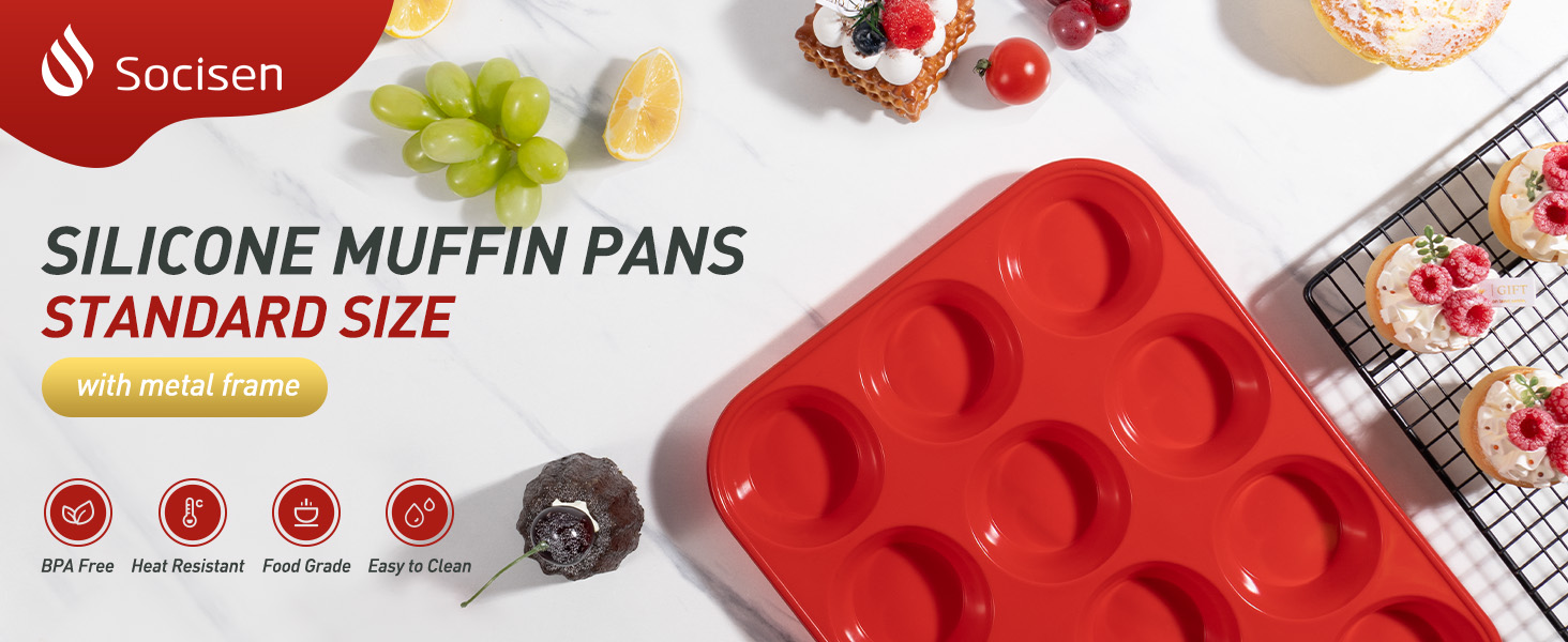 2 Pack 12 Cups Silicone Muffin Pan with Metal Reinforced Frame Regular Size Silicone Molds Cupcake Cake Baking Pans Cookie Baking Chocoflan Cupcake Mold Nonstick Muffin Tin Home Baking Supplies
