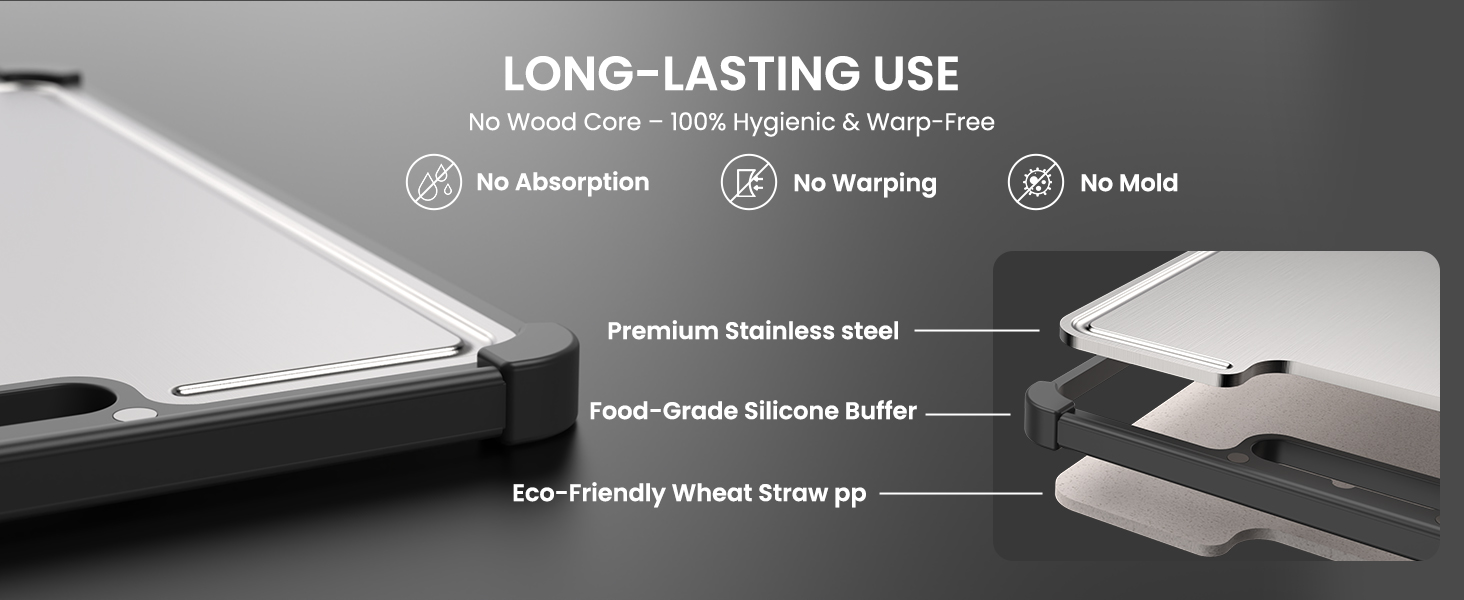 Premium 316 Stainless Steel Cutting Board for Kitchen Extra Large 16.9" x 11.8" Best Non-Toxic Chopping Board for Meat Food-Grade Metal & Eco-Friendly Wheat Straw Dual-Sided Healthy Kitchen Essential