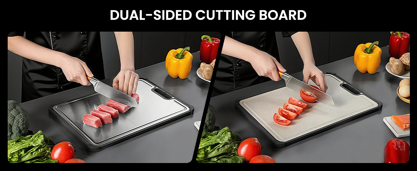 Premium 316 Stainless Steel Cutting Board for Kitchen Extra Large 16.9" x 11.8" Best Non-Toxic Chopping Board for Meat Food-Grade Metal & Eco-Friendly Wheat Straw Dual-Sided Healthy Kitchen Essential