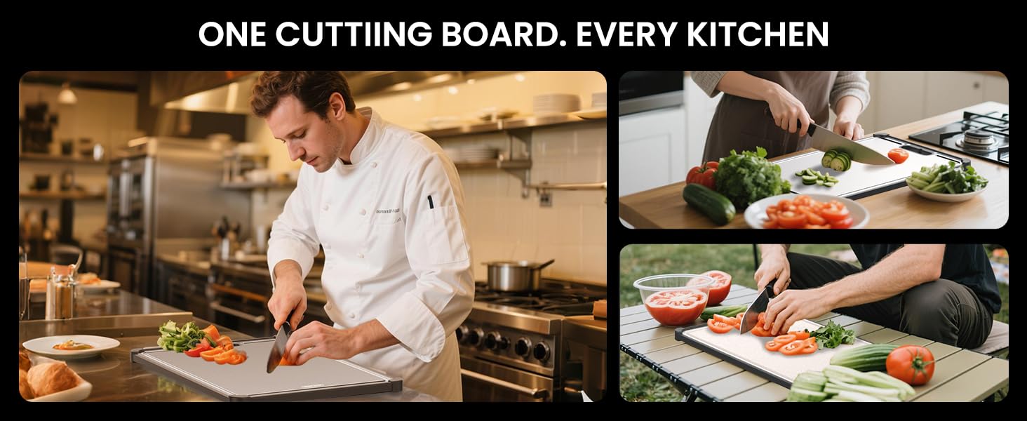 Premium 316 Stainless Steel Cutting Board for Kitchen Extra Large 16.9" x 11.8" Best Non-Toxic Chopping Board for Meat Food-Grade Metal & Eco-Friendly Wheat Straw Dual-Sided Healthy Kitchen Essential