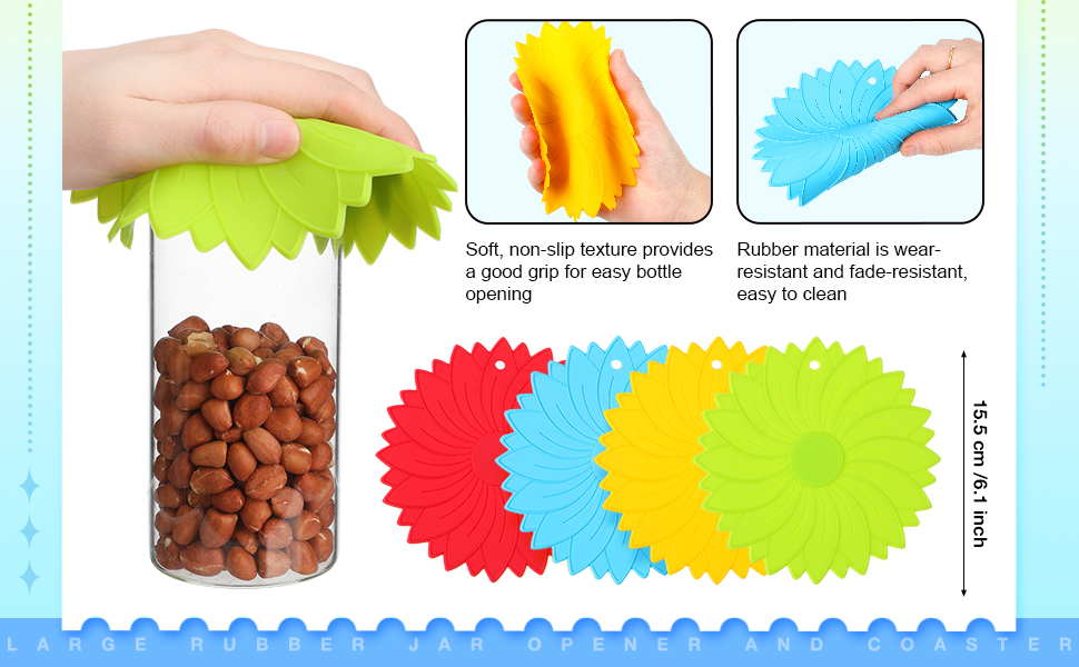Maxdot 4 Pcs Large Rubber Jar Opener Pad Jar Opener 6.10 Inch Multi Function Non Slip Jar Opener Resistant Coasters for Weak Arthritis Hands Seniors Easy Opening (Macaron Colors)
