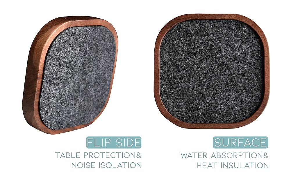 Wood Coaster for Drinks, Set of 6, Squircles Absorbent and Insulation Felt Stackable Cup Holders, Coasters for Wooden Table, Designed by S1EGAN