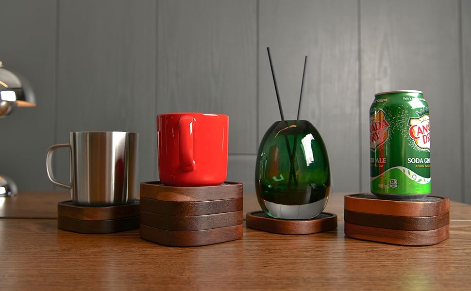 Wood Coaster for Drinks, Set of 6, Squircles Absorbent and Insulation Felt Stackable Cup Holders, Coasters for Wooden Table, Designed by S1EGAN