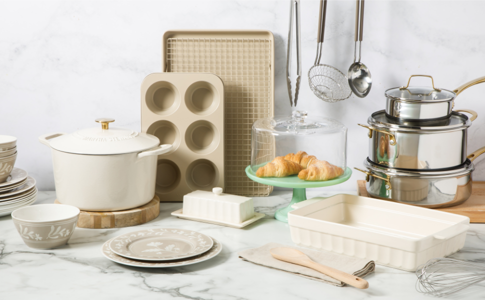 Martha Stewart Gallen 10 Piece Baking Pans Ceramic PFA Free Non Toxic Non Stick Bakeware Set - Linen White