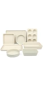Martha Stewart Gallen 10 Piece Baking Pans Ceramic PFA Free Non Toxic Non Stick Bakeware Set - Linen White