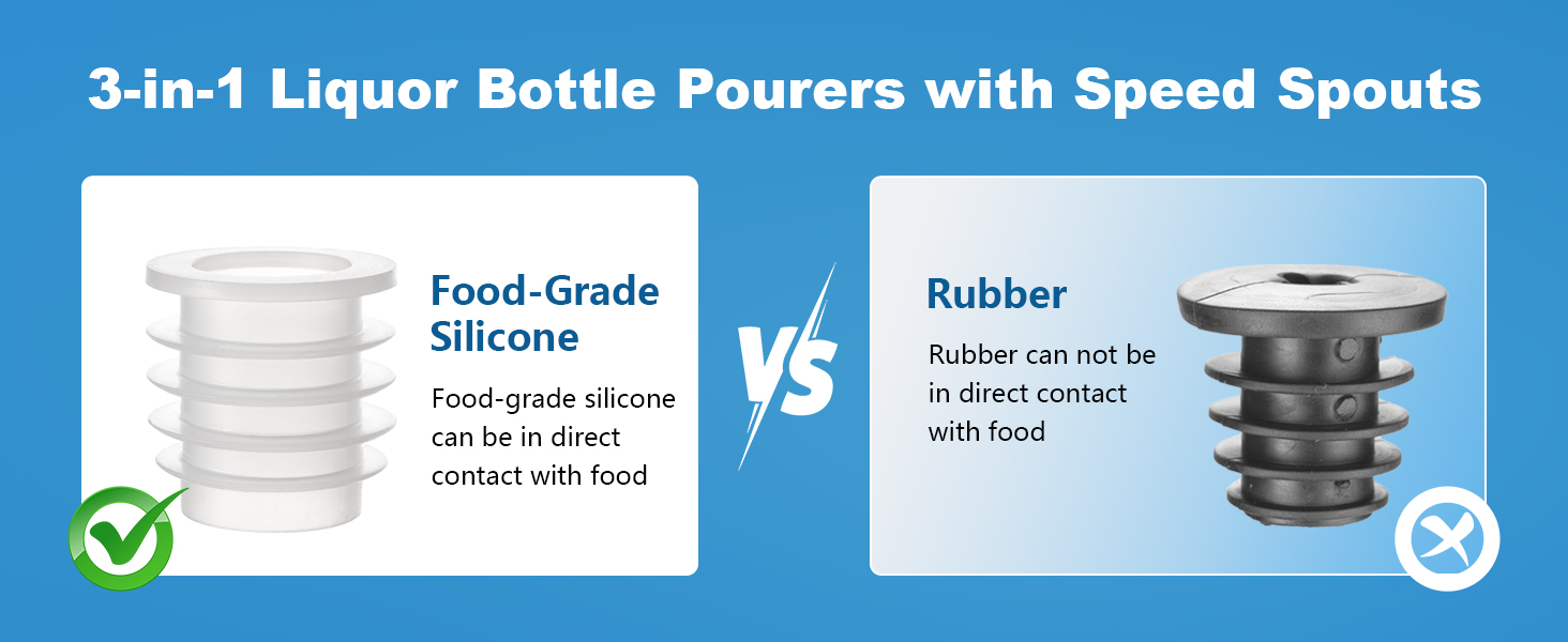 3-in-1 Liquor Bottle Pourers with Speed Spouts, Olive Oil Spout with Built-in Caps - Dishwasher Safe, Alcohol Speed Spouts - 2PCs with 2 Adapters