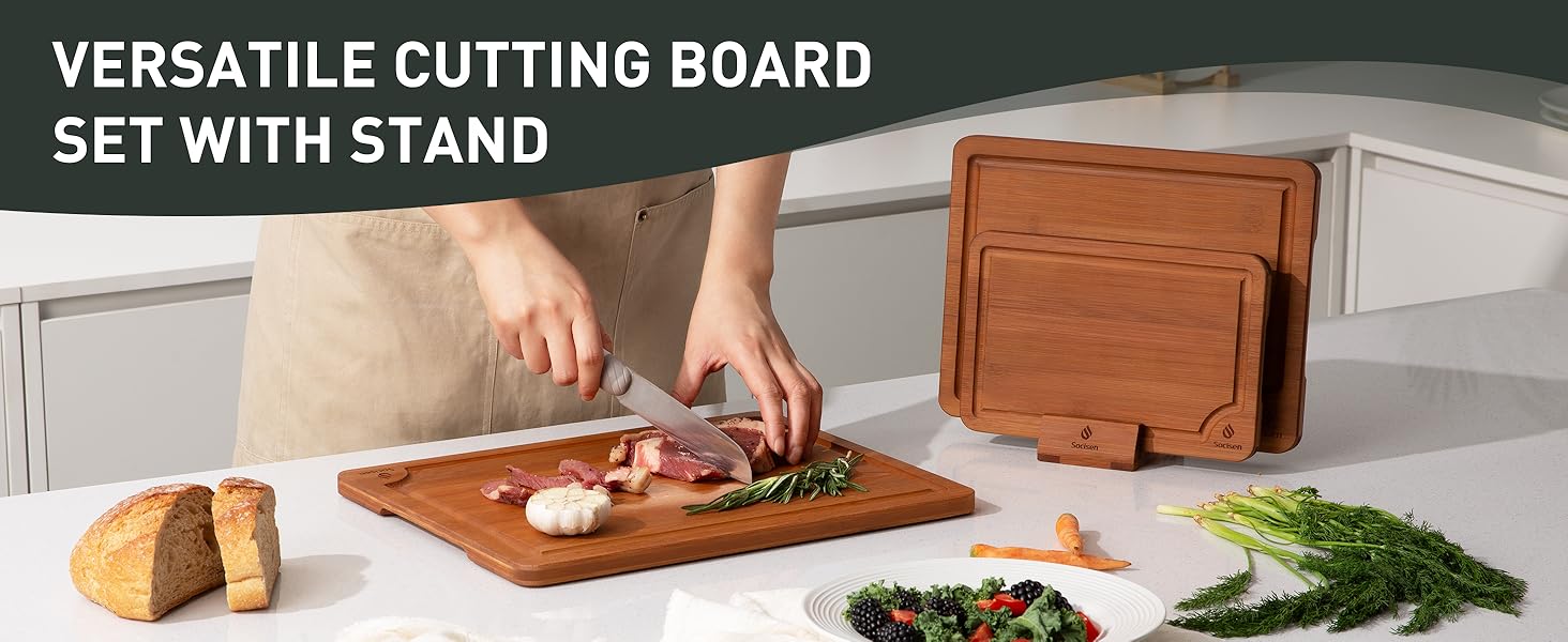 3 Packs Bamboo Cutting Board Set with Non Slip Feet Holder and Over Sink Nice Solid Thick Wood Juice Groove Chopping Board Extra Large Big Small Best Hardwood Kitchen Organic Vegetable Meat BBQ Kit