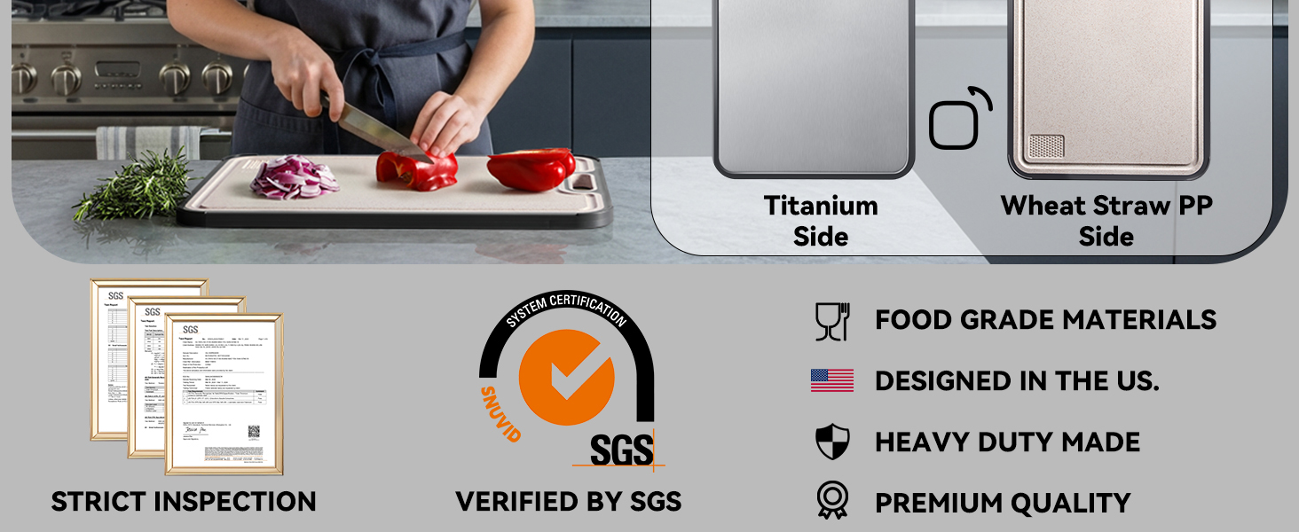 Titanium Cutting Board, Double Sided Cutting Boards for kitchen, Pure Titanium and Wheat Straw PP, Food-Grade, non Toxic - Easy to Clean
