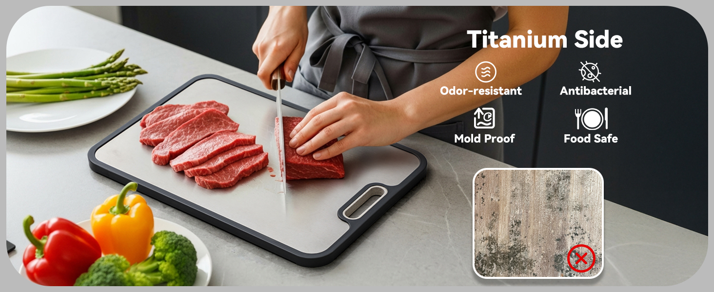 Titanium Cutting Board, Double Sided Cutting Boards for kitchen, Pure Titanium and Wheat Straw PP, Food-Grade, non Toxic - Easy to Clean