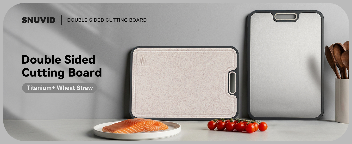 Titanium Cutting Board, Double Sided Cutting Boards for kitchen, Pure Titanium and Wheat Straw PP, Food-Grade, non Toxic - Easy to Clean