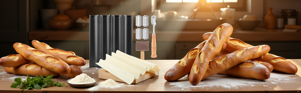 Baguet-te Bread Pan, Baguet-te Baking Kit - Food-Grade Carbon Steel Pan, Cotton Canvas Mat, Stainless Steel Scraper & 6CR13 Blades - Ideal Gift for Every Occasion(COLOR:black white)