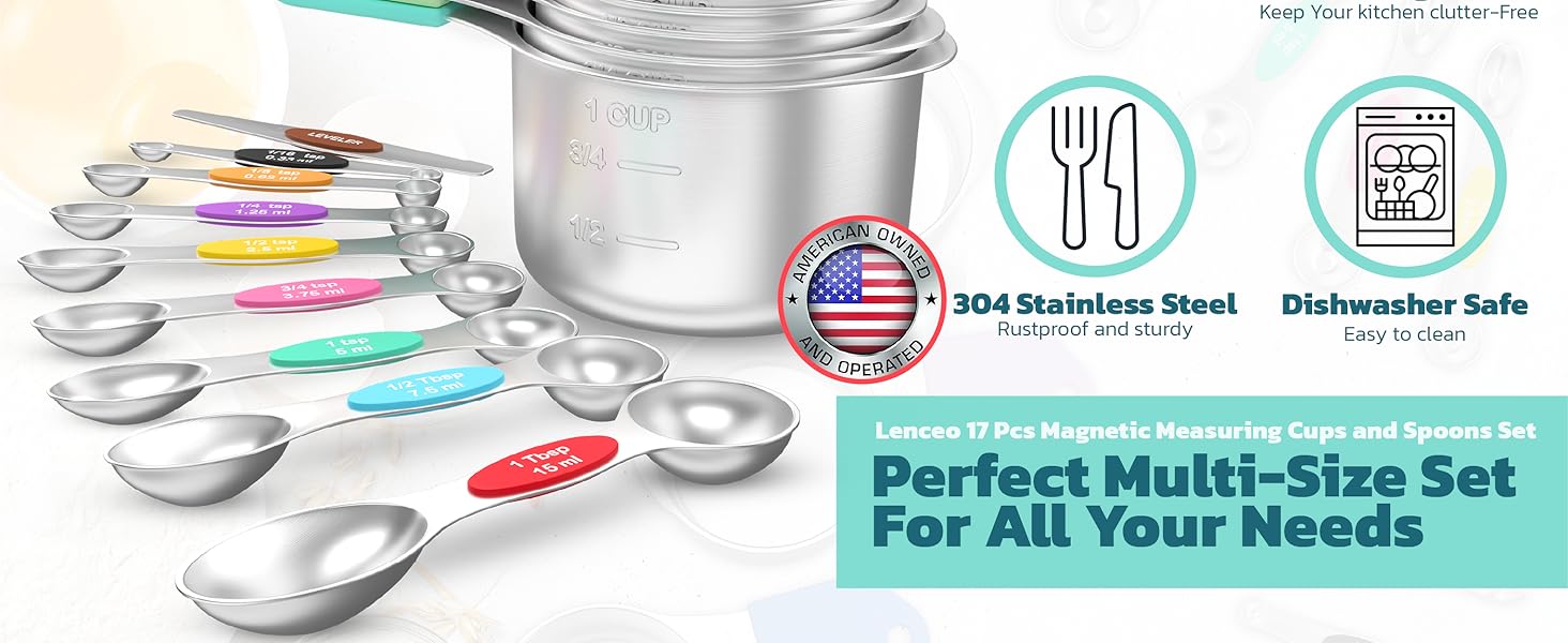 Magnetic Measuring Cups and Spoons Set of 17 - Stackable Stainless Steel Magnetic Measuring Spoons Set with Leveler - Dual Marking Scale Measuring Cup for Dry and Liquid Ingredients, Baking & Cooking