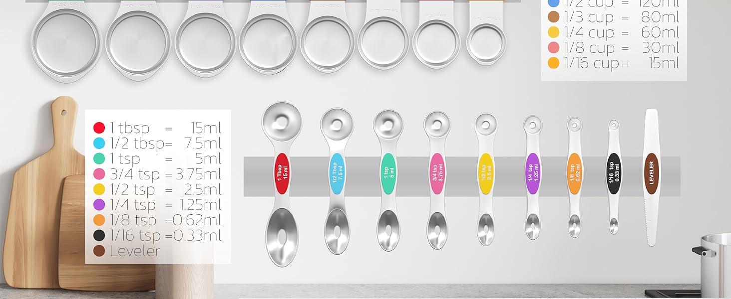 Magnetic Measuring Cups and Spoons Set of 17 - Stackable Stainless Steel Magnetic Measuring Spoons Set with Leveler - Dual Marking Scale Measuring Cup for Dry and Liquid Ingredients, Baking & Cooking