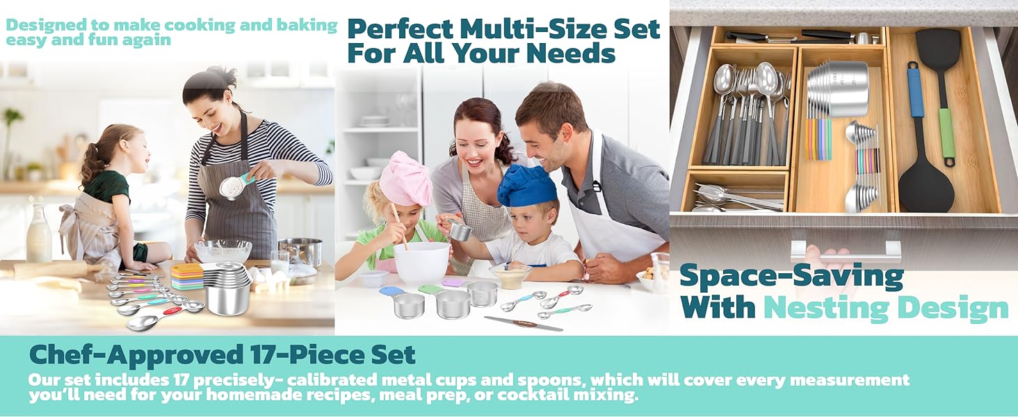 Magnetic Measuring Cups and Spoons Set of 17 - Stackable Stainless Steel Magnetic Measuring Spoons Set with Leveler - Dual Marking Scale Measuring Cup for Dry and Liquid Ingredients, Baking & Cooking
