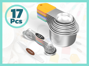 Magnetic Measuring Cups and Spoons Set of 17 - Stackable Stainless Steel Magnetic Measuring Spoons Set with Leveler - Dual Marking Scale Measuring Cup for Dry and Liquid Ingredients, Baking & Cooking