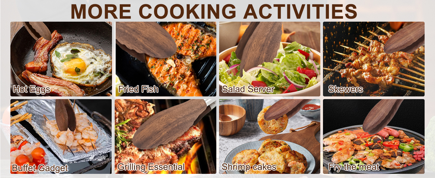 2-pcsTongs for Cooking with Wooden Tips - Nonstick Cooking Tongs & Salad Tongs for Blooming Food，Cooking, BBQ and Tossing Salad - Made of Natural Walnut Wood，Long Style15inch Short Style 11.4inch