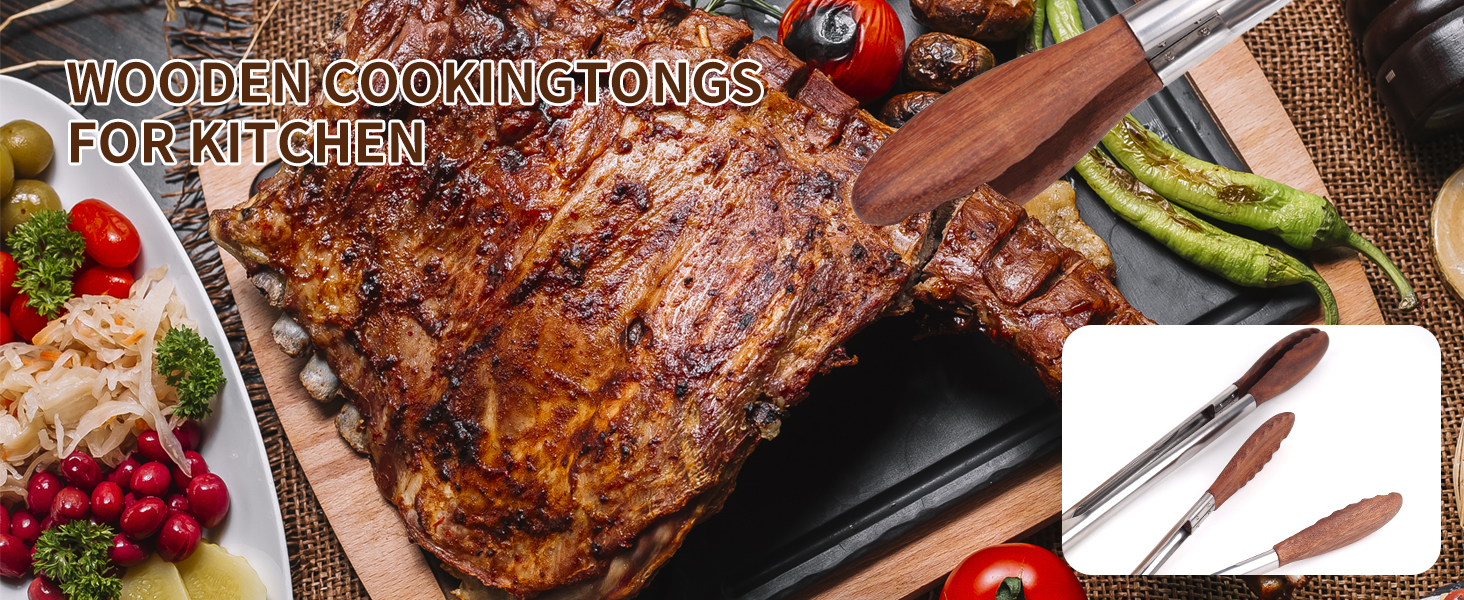 2-pcsTongs for Cooking with Wooden Tips - Nonstick Cooking Tongs & Salad Tongs for Blooming Food，Cooking, BBQ and Tossing Salad - Made of Natural Walnut Wood，Long Style15inch Short Style 11.4inch