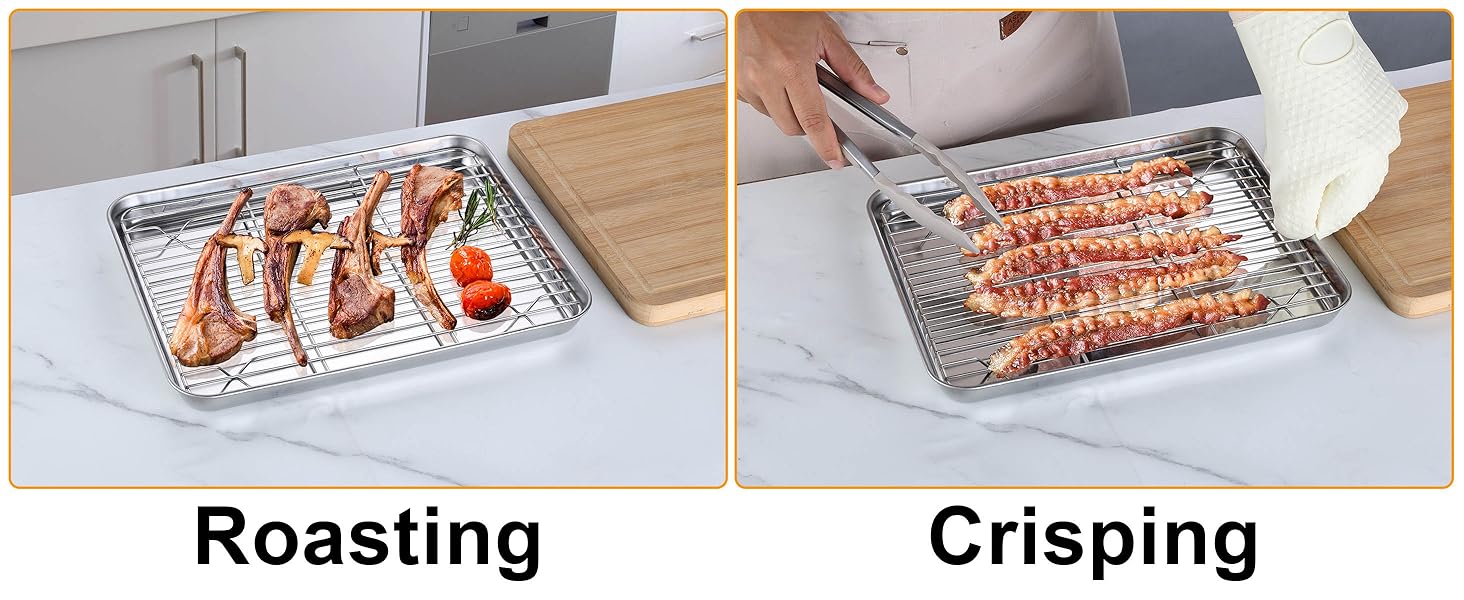 Homikit Baking Sheet with Rack, 9x13 Stainless Steel Quarter Sheet Pan with Wire Cooling Rack Set for Toaster Oven Roasting, Metal Bacon Cookie Trays Nonstick & Rust Free, Dishwasher Safe