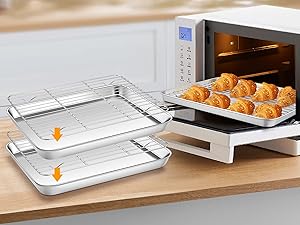 Homikit Baking Sheet with Rack, 9x13 Stainless Steel Quarter Sheet Pan with Wire Cooling Rack Set for Toaster Oven Roasting, Metal Bacon Cookie Trays Nonstick & Rust Free, Dishwasher Safe