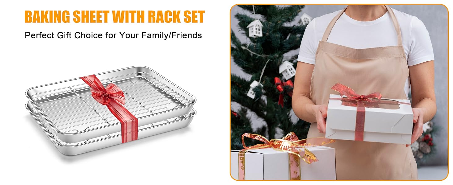 Homikit Baking Sheet with Rack, 9x13 Stainless Steel Quarter Sheet Pan with Wire Cooling Rack Set for Toaster Oven Roasting, Metal Bacon Cookie Trays Nonstick & Rust Free, Dishwasher Safe
