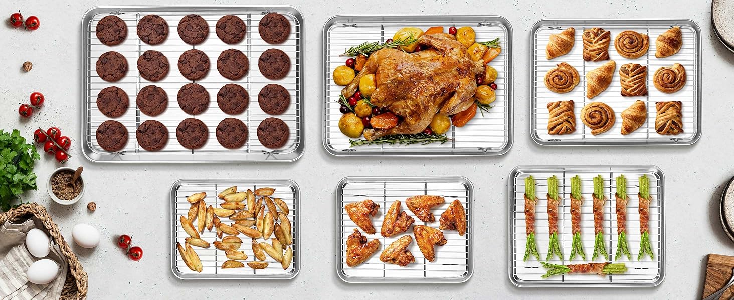 Homikit Baking Sheet with Rack, 9x13 Stainless Steel Quarter Sheet Pan with Wire Cooling Rack Set for Toaster Oven Roasting, Metal Bacon Cookie Trays Nonstick & Rust Free, Dishwasher Safe