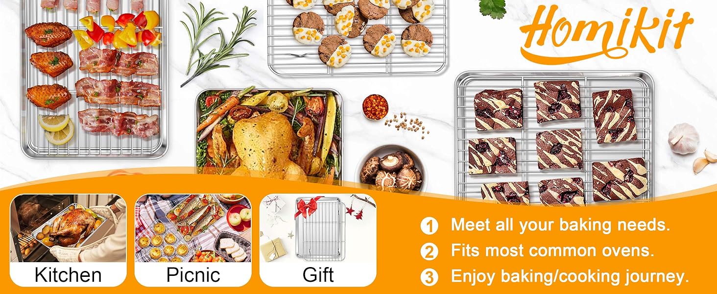Homikit Baking Sheet with Rack, 9x13 Stainless Steel Quarter Sheet Pan with Wire Cooling Rack Set for Toaster Oven Roasting, Metal Bacon Cookie Trays Nonstick & Rust Free, Dishwasher Safe
