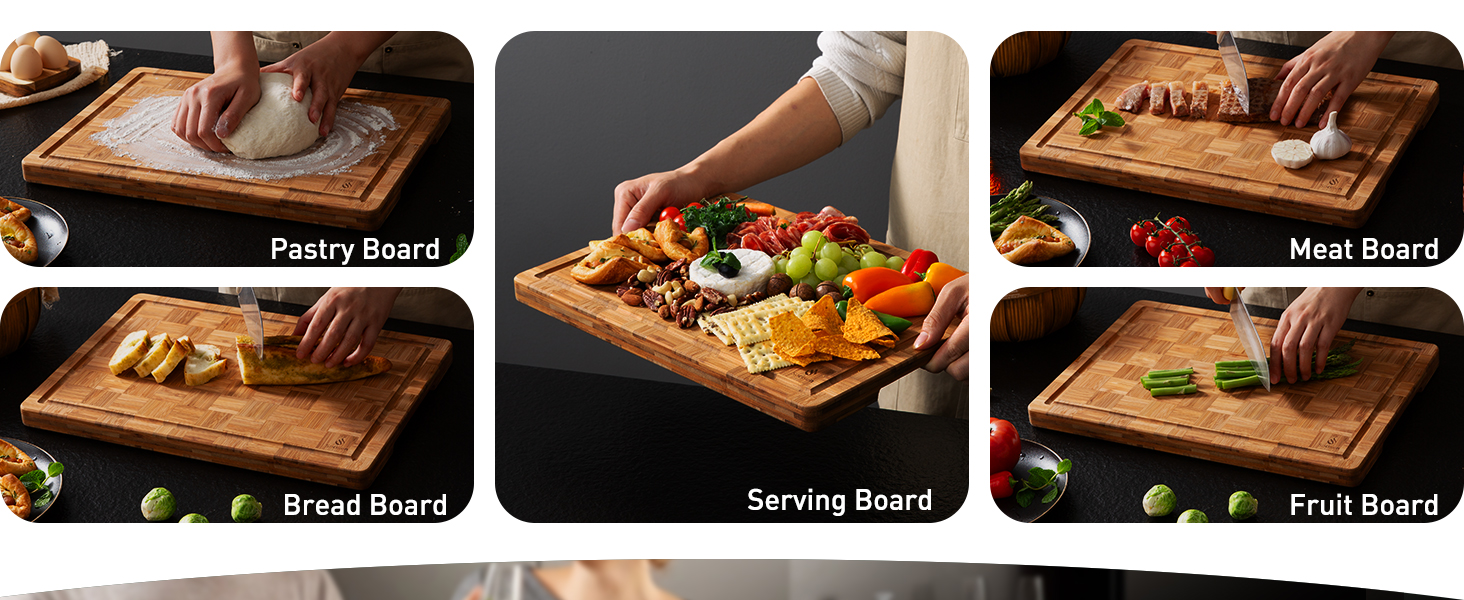 3 Pack Heavy Duty Bamboo Cutting Board Set Non Toxic Wooden Cutting Board for Kitchen Non Slip Solid End Grain Thick Wood Juice Groove Chopping Board Extra Large Butcher Block Best House Warming Gift