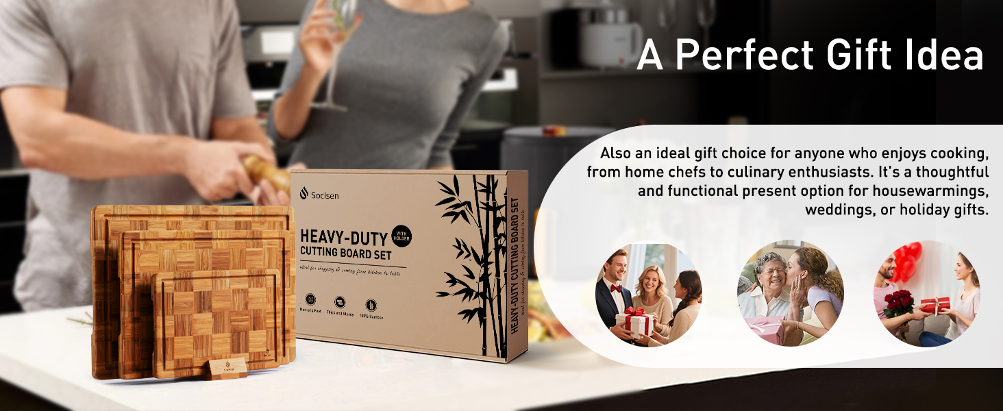 3 Pack Heavy Duty Bamboo Cutting Board Set Non Toxic Wooden Cutting Board for Kitchen Non Slip Solid End Grain Thick Wood Juice Groove Chopping Board Extra Large Butcher Block Best House Warming Gift