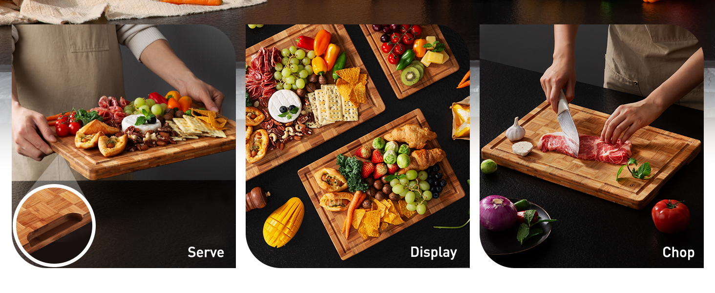 3 Pack Heavy Duty Bamboo Cutting Board Set Non Toxic Wooden Cutting Board for Kitchen Non Slip Solid End Grain Thick Wood Juice Groove Chopping Board Extra Large Butcher Block Best House Warming Gift