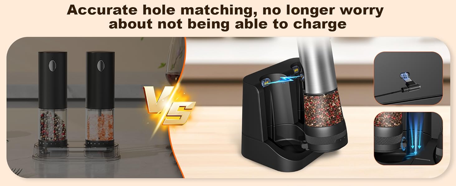 Electric Salt and Pepper Grinder Set, 2-Speed Setting, Stainless Steel Rechargeable Automatic Pepper Mill Shakers with USB Charging Base,100ml Large Capacity, External Adjustable Coarseness,LED Light