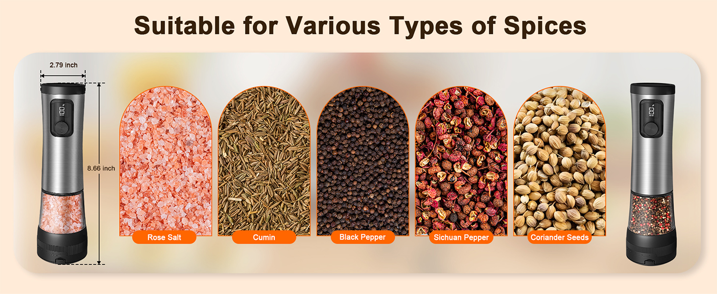 Electric Salt and Pepper Grinder Set, 2-Speed Setting, Stainless Steel Rechargeable Automatic Pepper Mill Shakers with USB Charging Base,100ml Large Capacity, External Adjustable Coarseness,LED Light