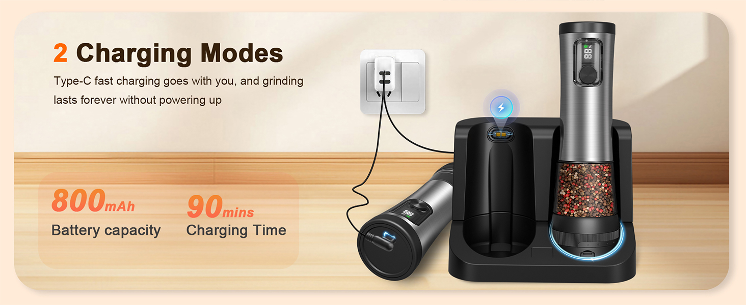 Electric Salt and Pepper Grinder Set, 2-Speed Setting, Stainless Steel Rechargeable Automatic Pepper Mill Shakers with USB Charging Base,100ml Large Capacity, External Adjustable Coarseness,LED Light