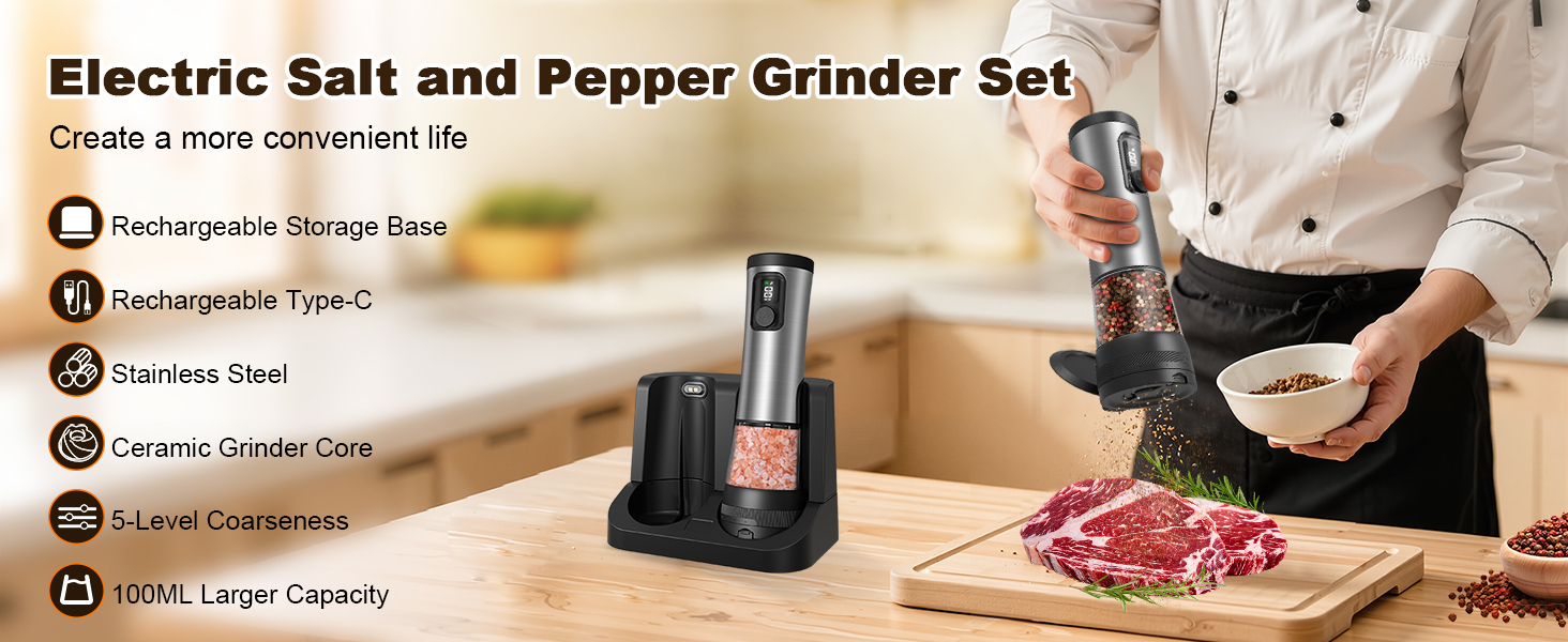 Electric Salt and Pepper Grinder Set, 2-Speed Setting, Stainless Steel Rechargeable Automatic Pepper Mill Shakers with USB Charging Base,100ml Large Capacity, External Adjustable Coarseness,LED Light