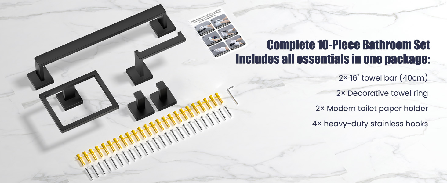 Bathroom Hardware Accessories Set: 10-Pieces Bath Towel Bar Set, Towel Racks for Bathroom Wall Mounted, SUS304 Stainless Steel, Matte Black